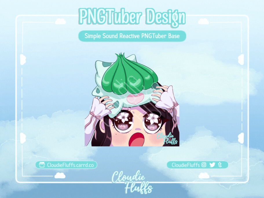 Custom PNGTuber Example, fluffs's OC holding a bulbasaur on top of her head with simple talking animation.