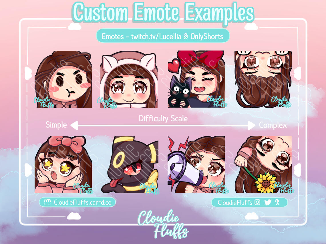 Custom Emotes for Twitch and Discord. Created by @cloudie_fluffs. pout emote, cozy emote, lurk emote, squish emote (based on kiki's delivery service), wow or poggies emote, umbreon sass emote, yell emote, flower emote.
