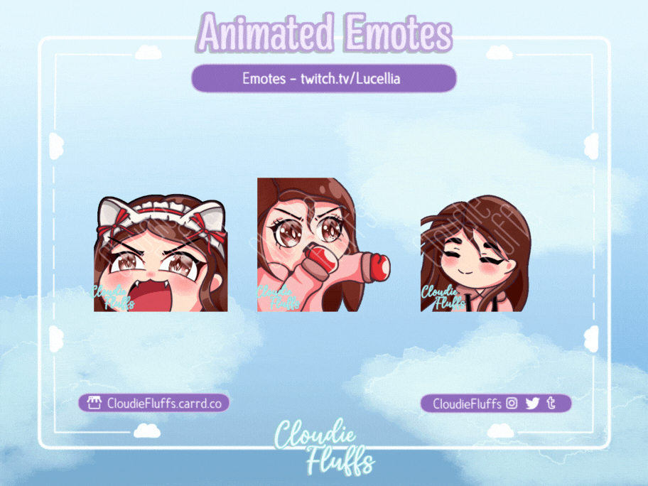 Animated Emotes for Twitch and Discord, created by @cloudie_fluffs. yap emote based on small angry dog noises meme,punching emote, jam emote based on popular emote rainbowpls.