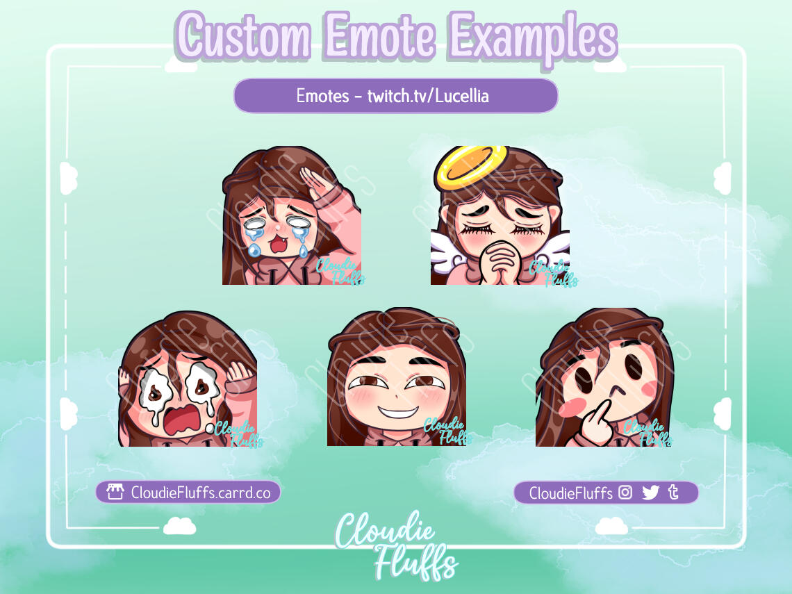 5 Pack Example of emotes for Twitch and Discord. Created by @Cloudie_Fluffs. Emotes are 07, Pray, Ah (not like this), Anya inspired Stare and Thinkies.