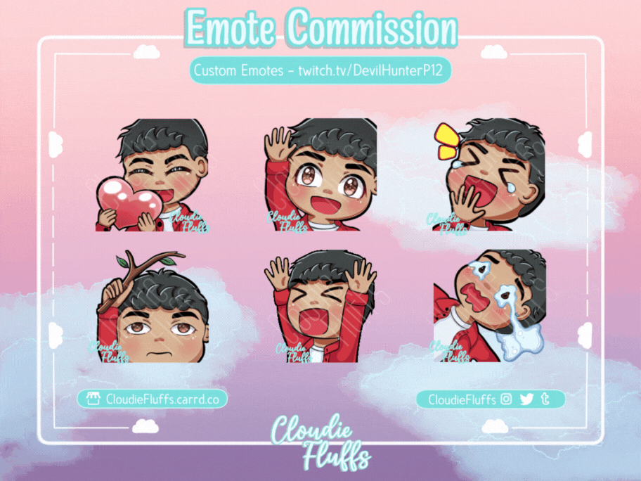 Emote commission for twitch.tv/devilhunterp12. Pack has heart, wave, laugh, cry, hype (animated) and cry emotes.